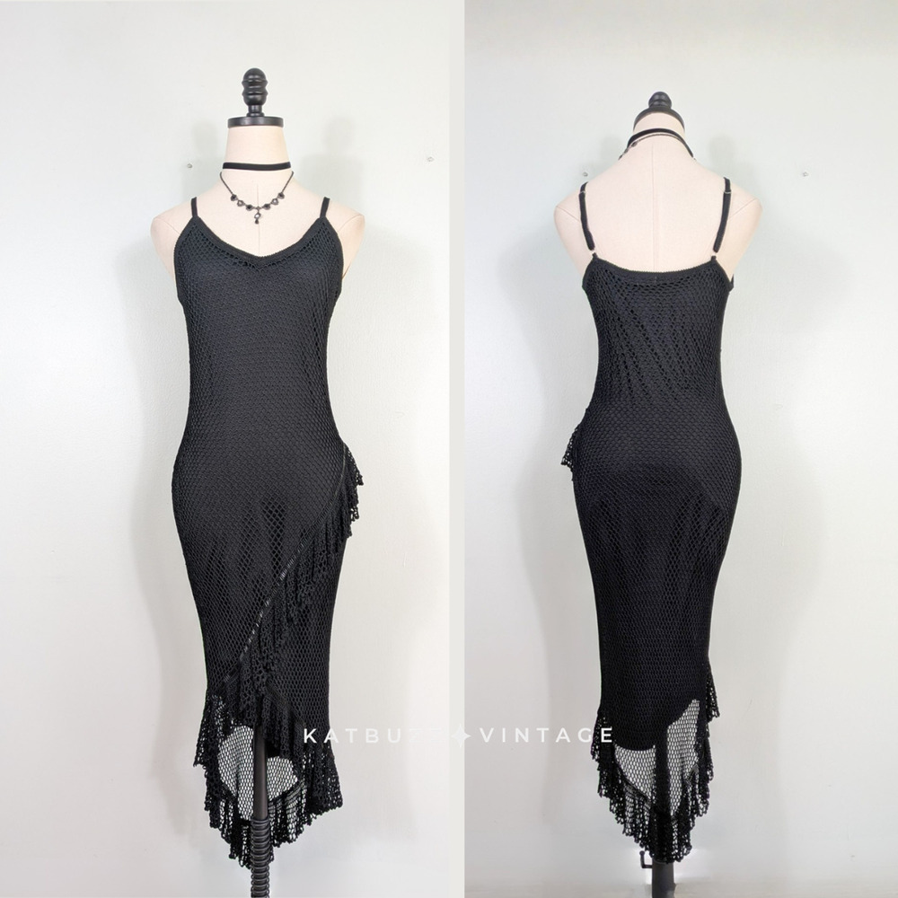 Vintage Cache Crochet Midi Maxi Dress Cocktail XS Black 90s Y2K Fairy Whimsigoth